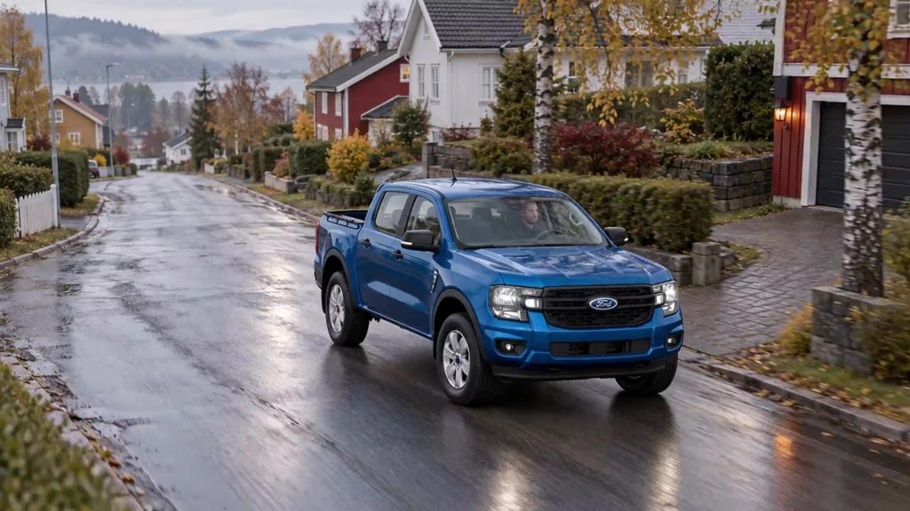 Blå Ford Ranger på en höstig gata